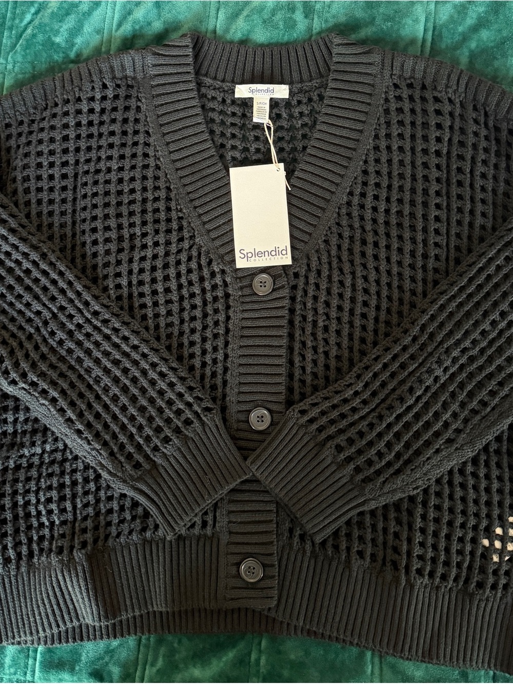 Splendid Black Open-Weave V-Neck Cardigan